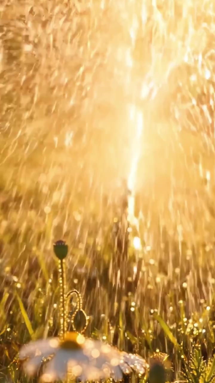 Et fredfyldt øjeblik: Den tidlige morgensol oplyser en sprinkler og dugvådt græs, hvilket skaber en magisk atmosfære af naturens skønhed