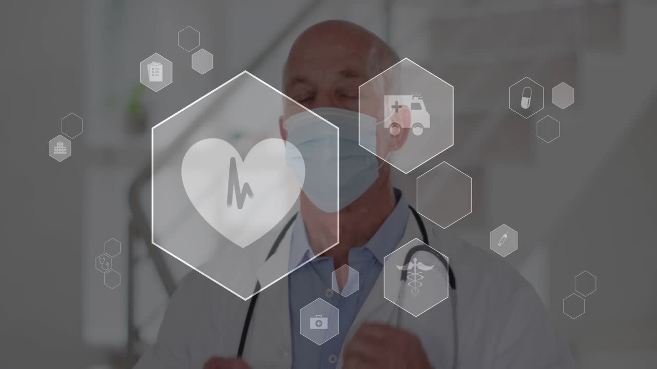 Médico sênior colocando estetoscópio nos ouvidos e exibindo ícones médicos pulsantes para sinais vitais.