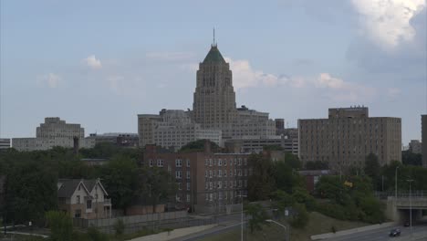 4k-aerial-of-the-New-Center-area-in-Detroit,-Michigan