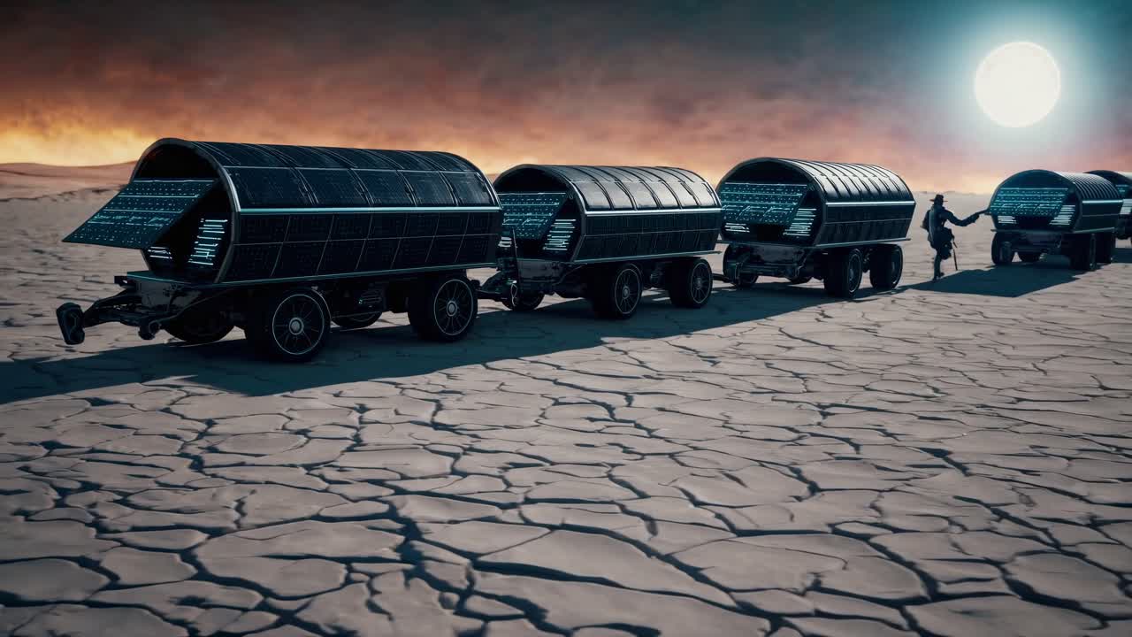 Futuristic Convoy Across a Desolate Moonlit Desert