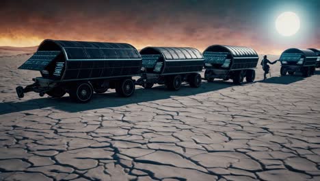 futuristic convoy across a desolate moonlit desert