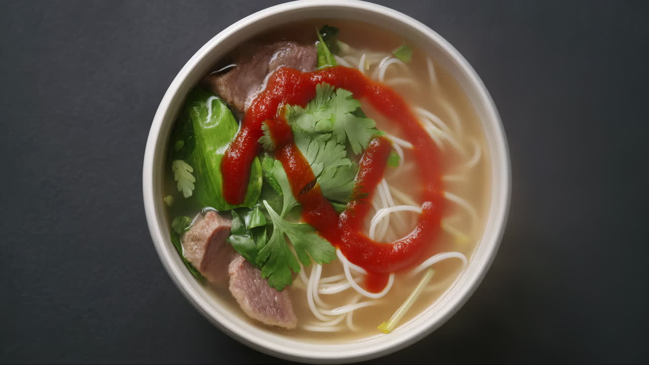 Cận cảnh từ trên cao bát phở bò Việt Nam kèm tương ớt Sriracha.