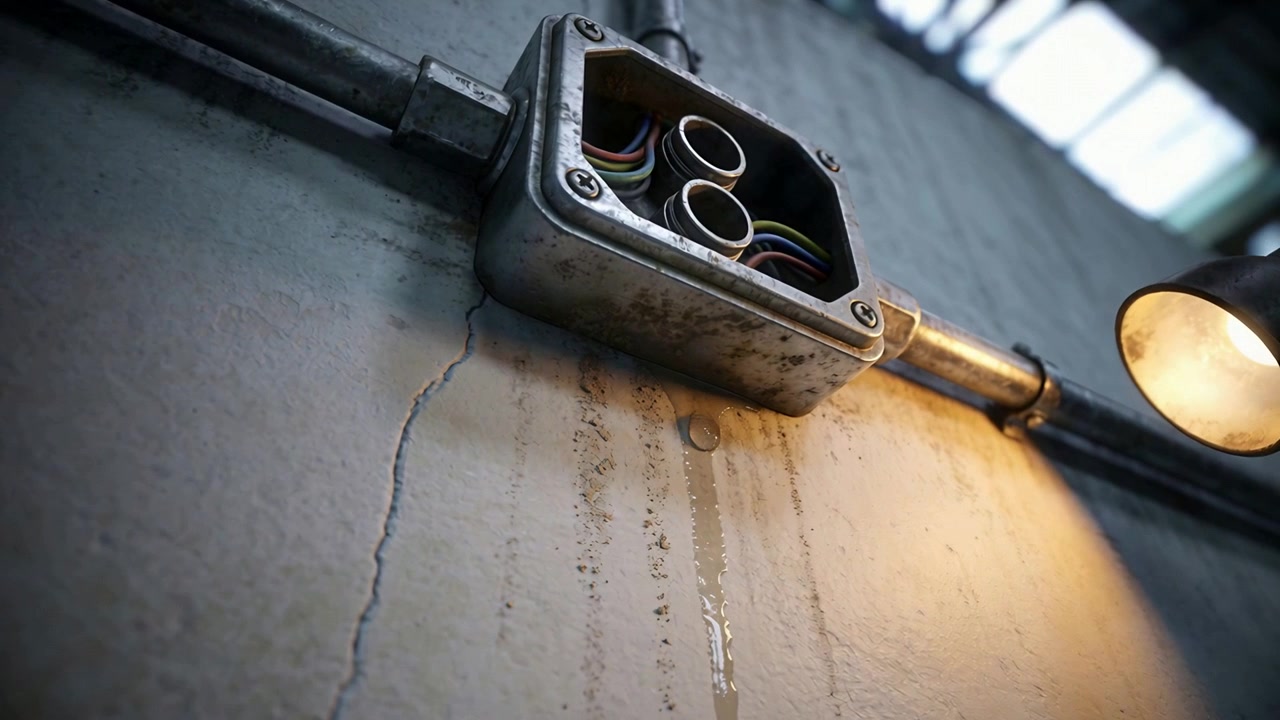 Rusting junction box leaking droplets down cracked wall in workshop, exposed wires and lamp visible