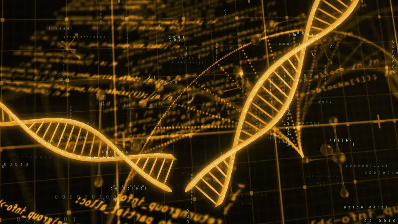 Animation of digital data processing and dna strands on black background