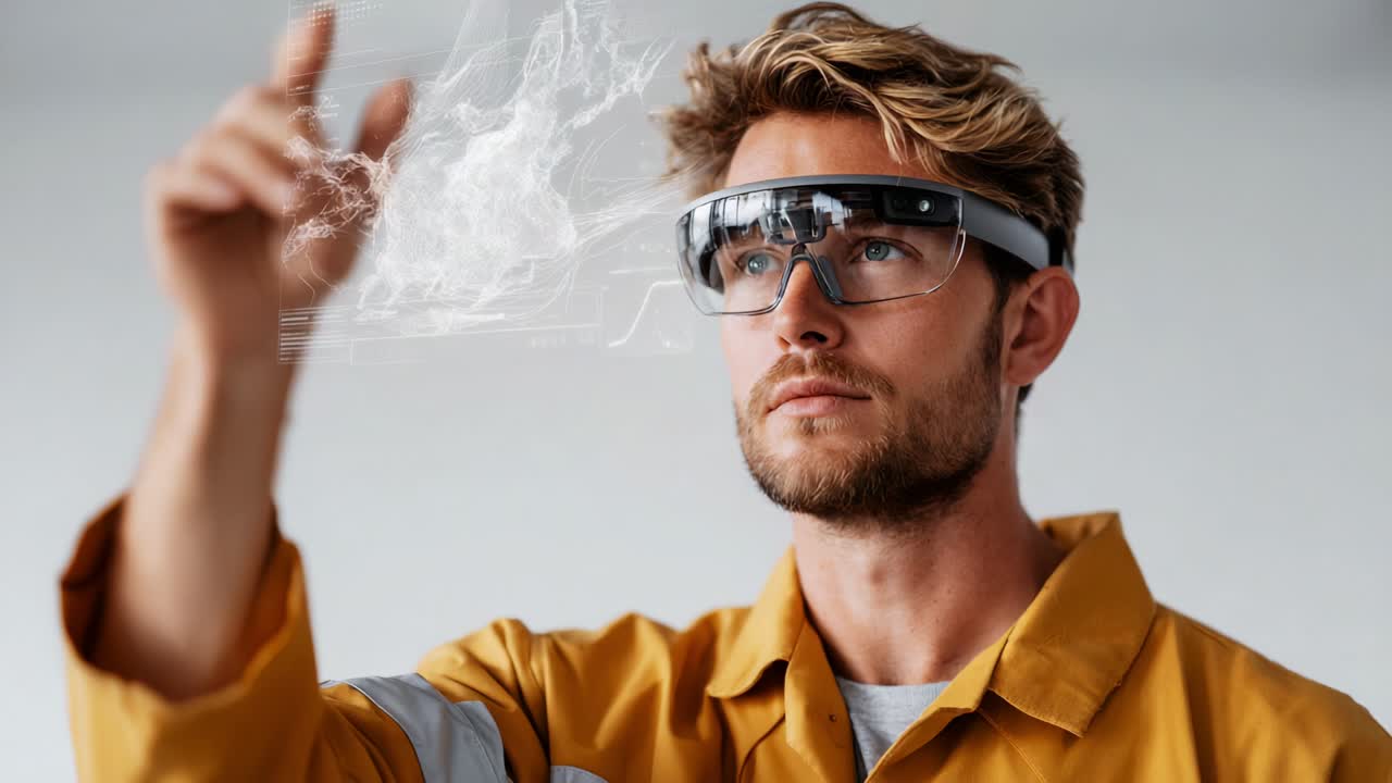 A man in an industrial setting wearing augmented reality glasses interacts with virtual elements projected in the air, showcasing the integration of technology and hands-on work in a modern workspace environment