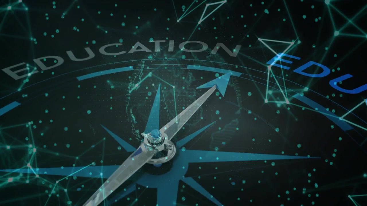 Metallic compass needle pointing upward in abstract tech scene, with globe overlay and data nodes