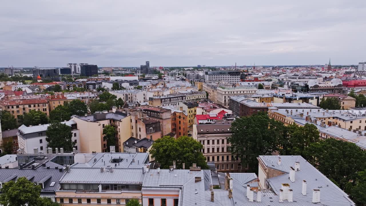 Drone view of Riga center framed by towers as metaphor for NATO protective unity