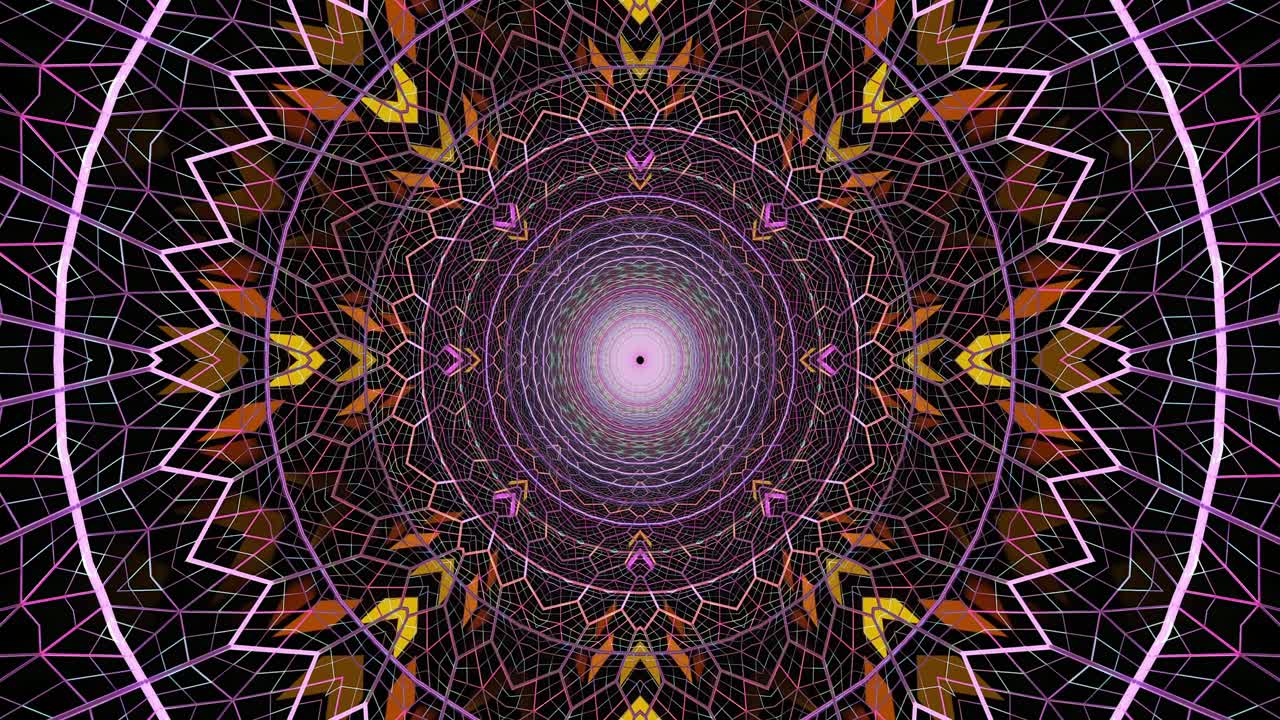 Vibrant geometric shapes and patterns swirl and pulse in a mesmerizing display, designed for a seamless looping visual experience suitable for screensavers in various settings