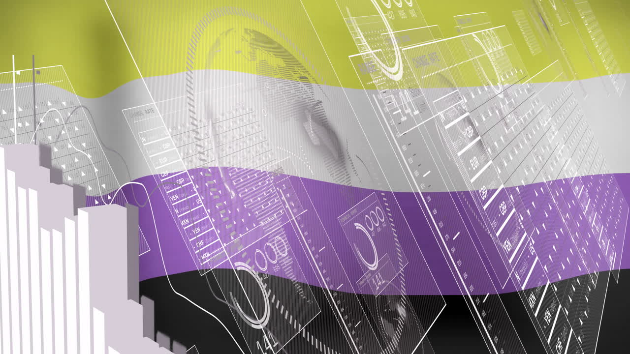 Non-binary pride flag with animation overlay of financial data and cityscape