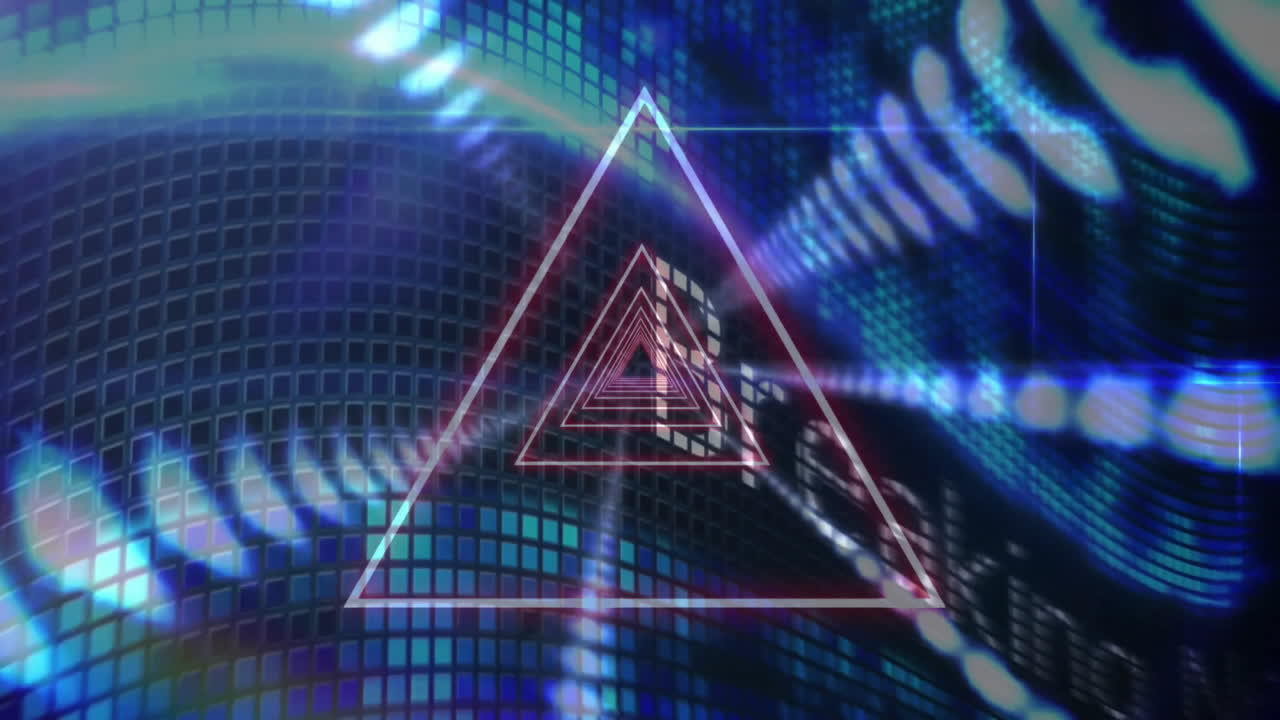 Nested wireframe triangles floating before glowing teal tile grid, showing Deal text, lens flare