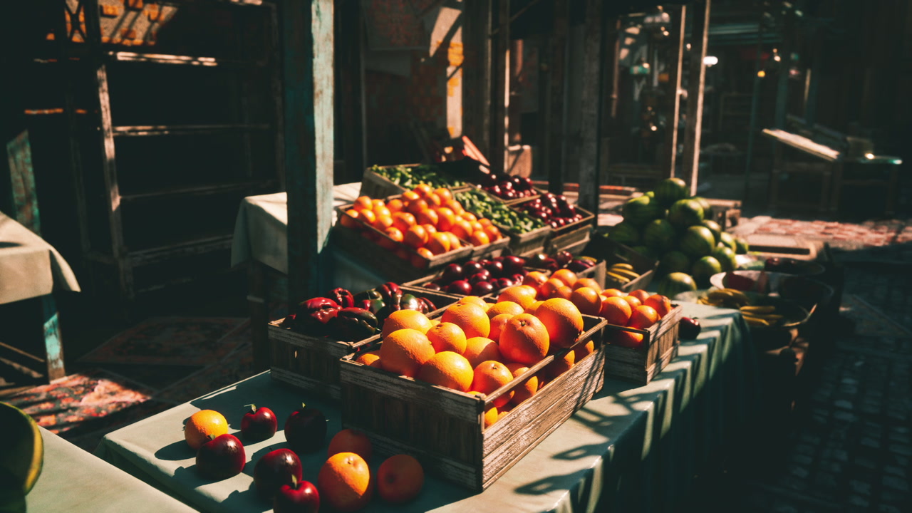Vibrant market with fresh fruits in sunlight during a busy day