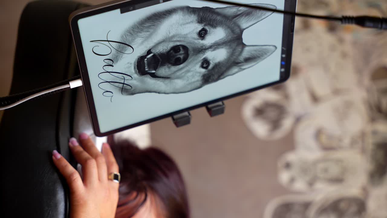 Woman lying on stretcher while artist tattooing dog face with a tablet reference. Pan right, vertical
