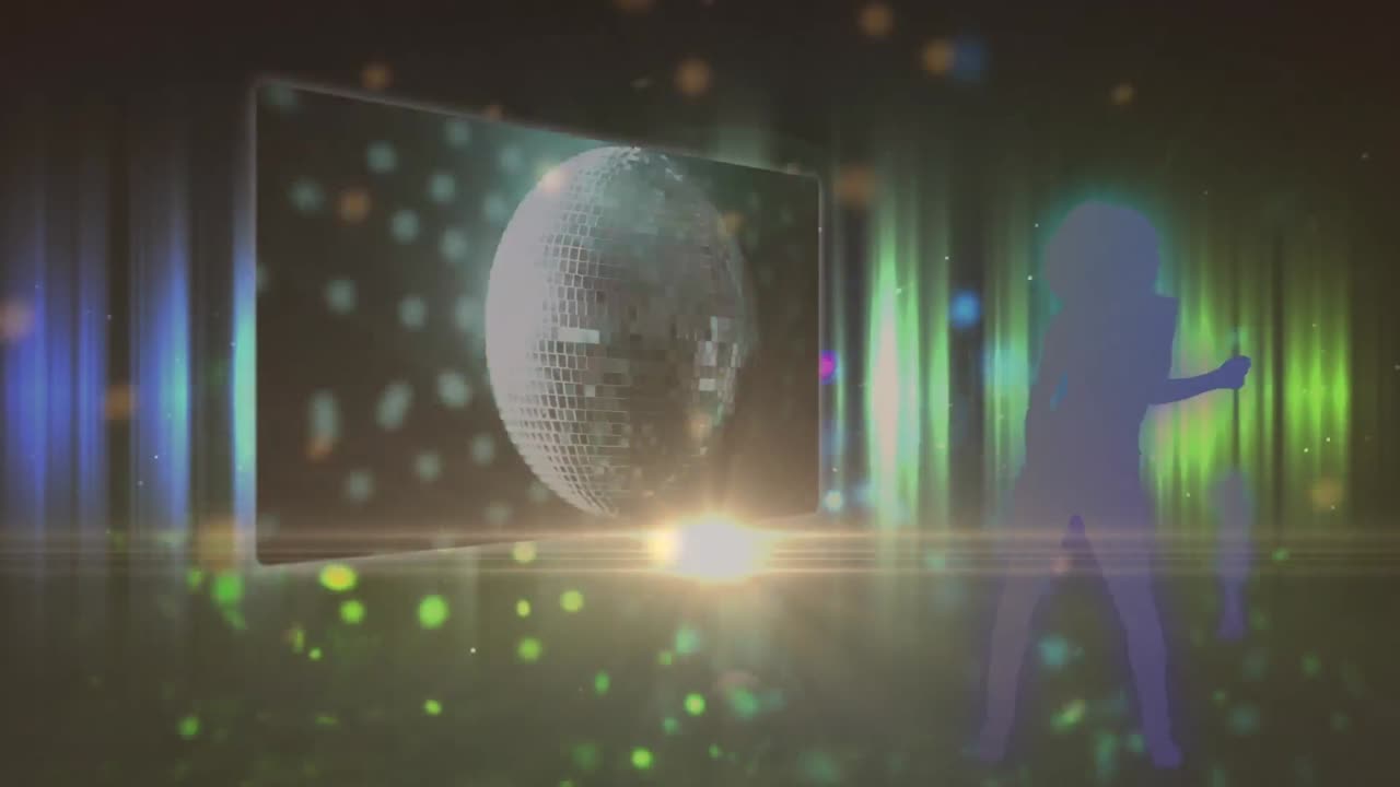 데이터 처리와 함께 화면에 맞춰 춤을 추는 소녀들의 실루 ⁇  위에 빛의 반점의 애니메이션