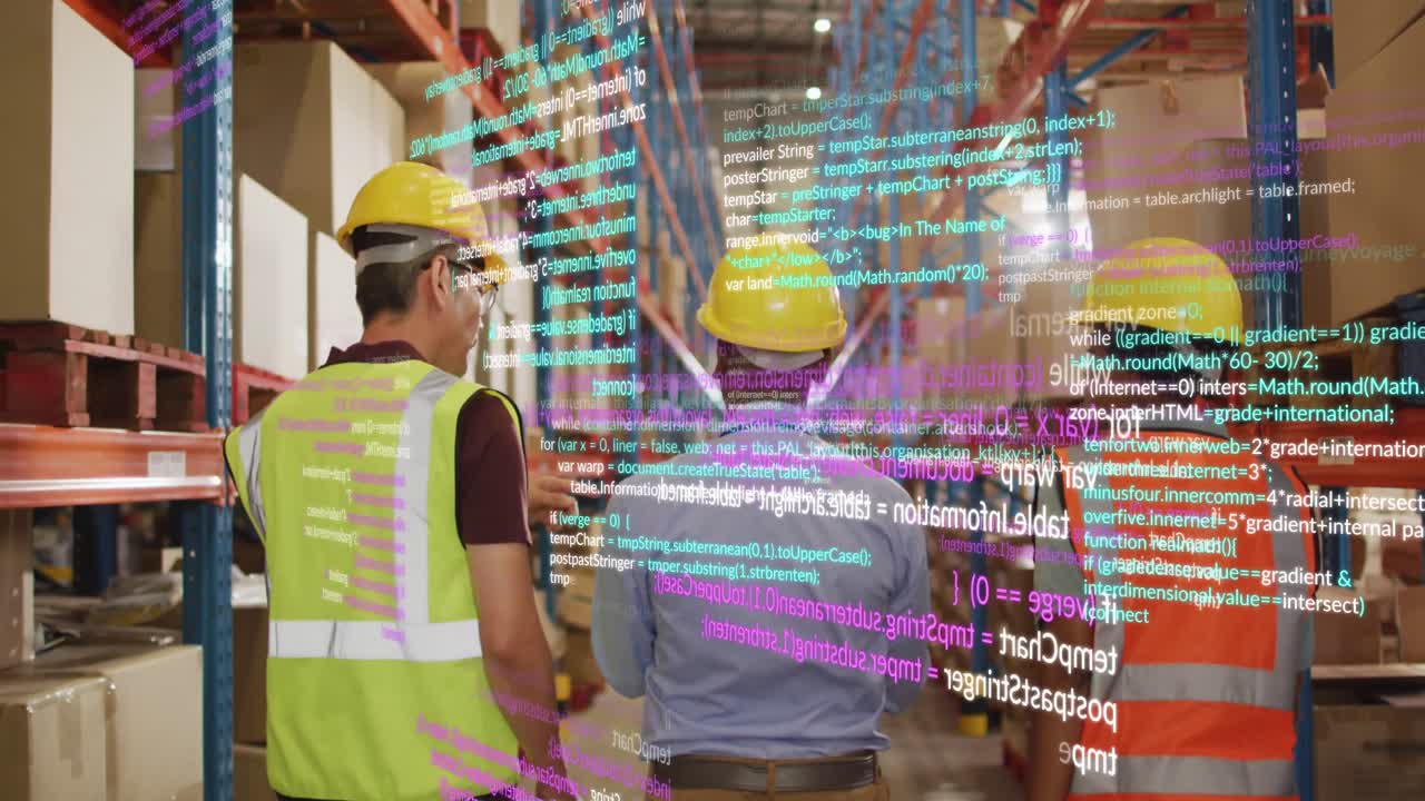 animación del procesamiento de datos financieros sobre diversas personas que trabajan en el almacén