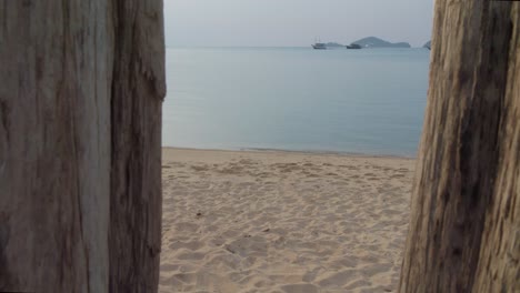 Sea-Views-Through-Woods-On-Sandy-Shore-With-Boats-In-Distance