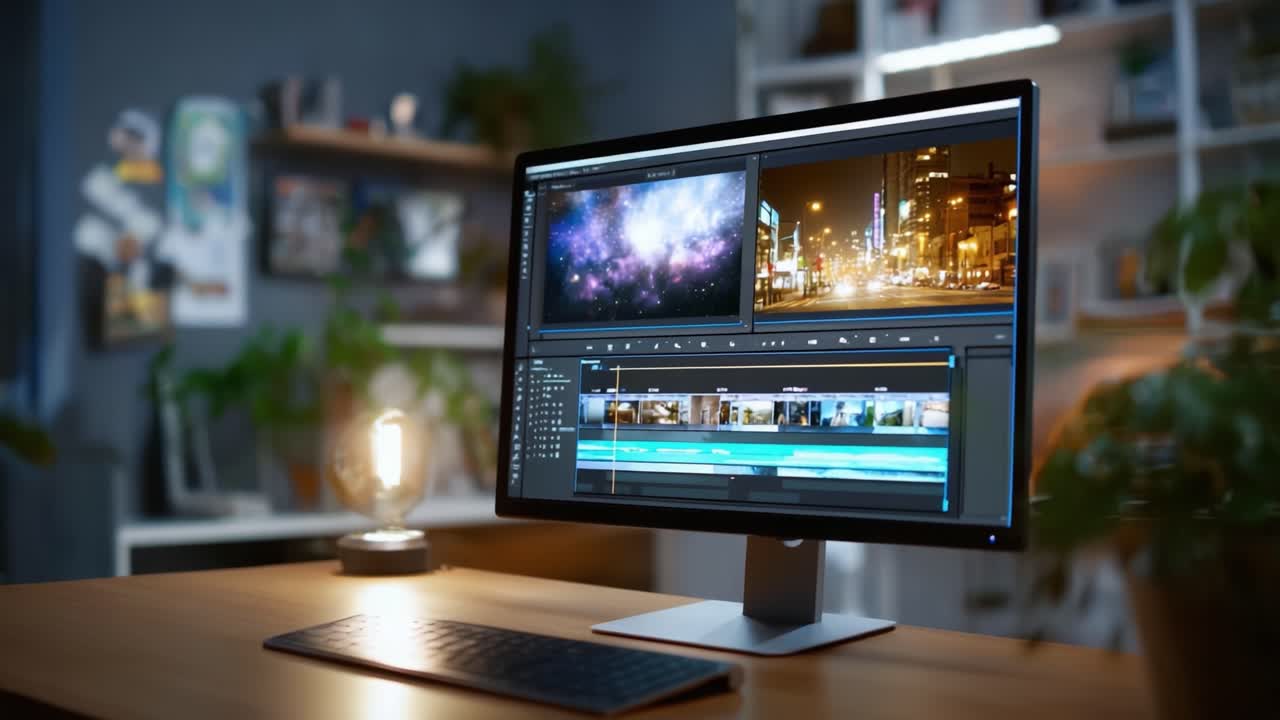 Un'area di lavoro moderna con uno schermo di computer che mostra un software di editor di video e immagini mozzafiato, perfetta per persone creative in cerca di ispirazione e produttività