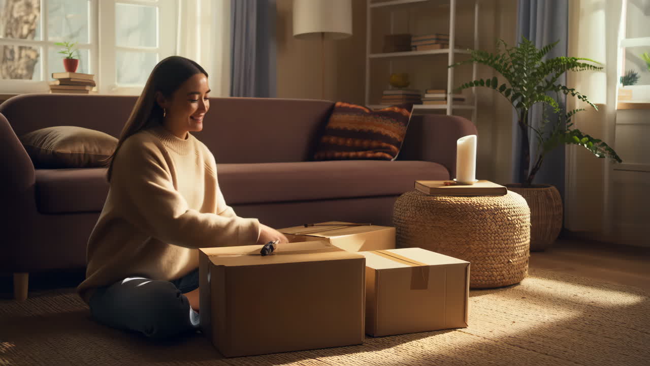 Woman unpacking boxes at home