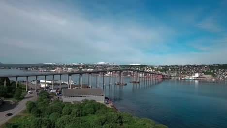 Bridge-of-city-Tromso,-Norway-Aerial-footage