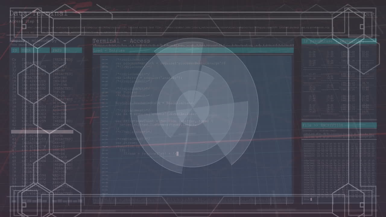 Animation of round scanner over interface with data processing against black background