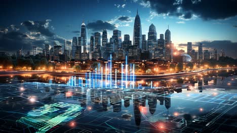 evening skyline glow with water reflections and tech vibes