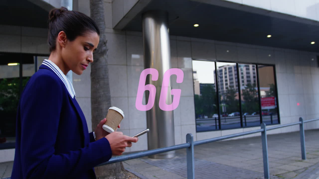 Animation of 6g text over biracial businesswoman using smartphone