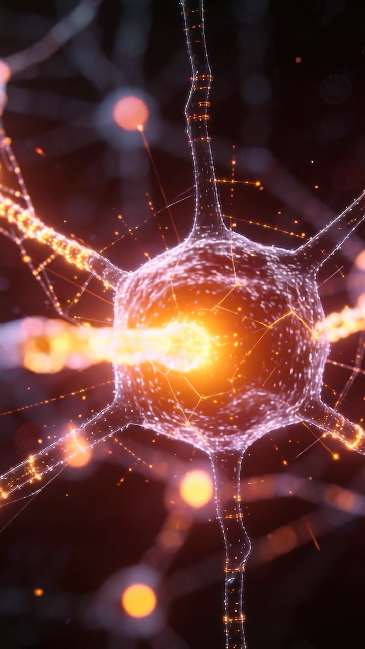 Pulsing spherical soma neuron sending traveling pulses in micro neural network with glowing sparks