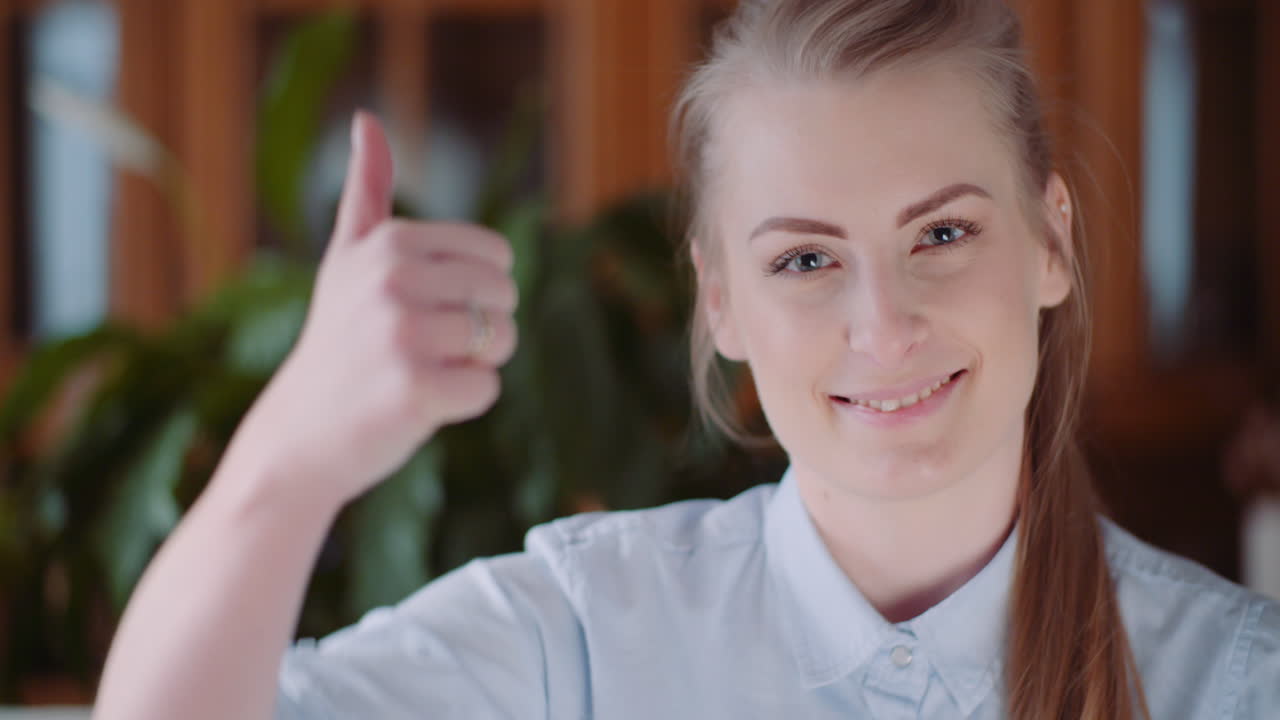 позитивная женщина, показывающая большой палец вверх