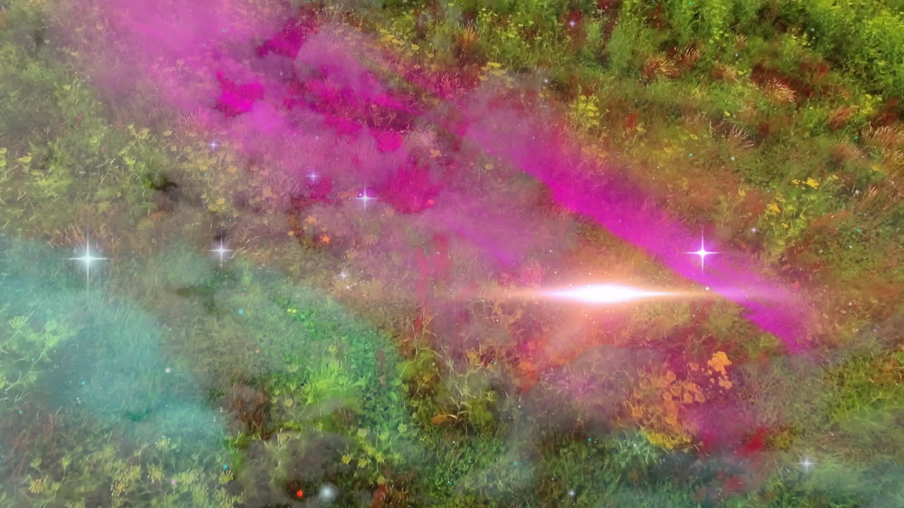 Pink purple teal mist swirling across green meadow, sparkling star glimmers dancing in 3D render