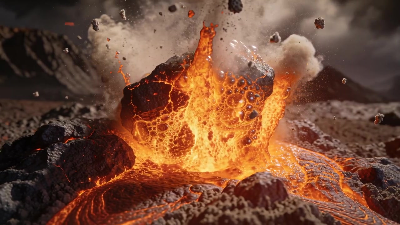 En central smeltet åbning frigiver tryk og udspyr en lavfontæne på et lavafelt, der danner lavakanaler.