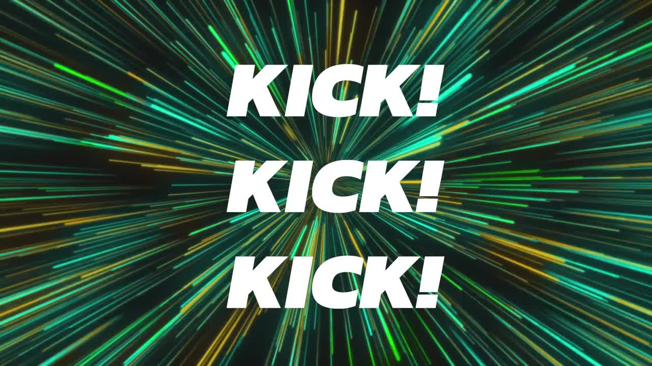 Animation of kick in white and colourful text over green and orange starburst