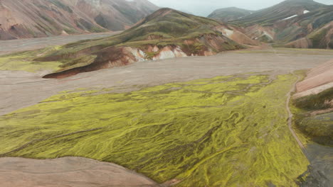 aerial rising view over unique landscape landmannalaugar valley, iceland