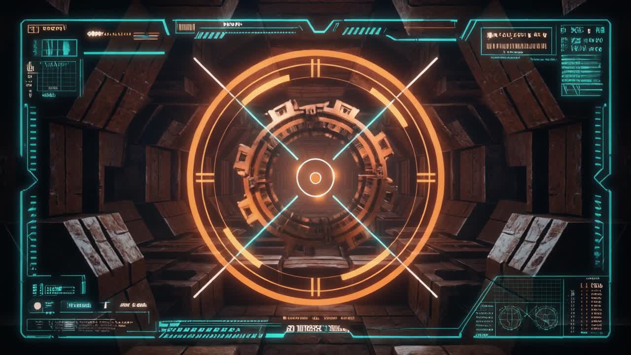 Futuristic HUD Targeting System in a Dark Sci-Fi Tunnel