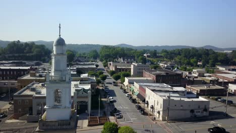 Aerial-of-Lenoir-main-street-downtown-in-4K