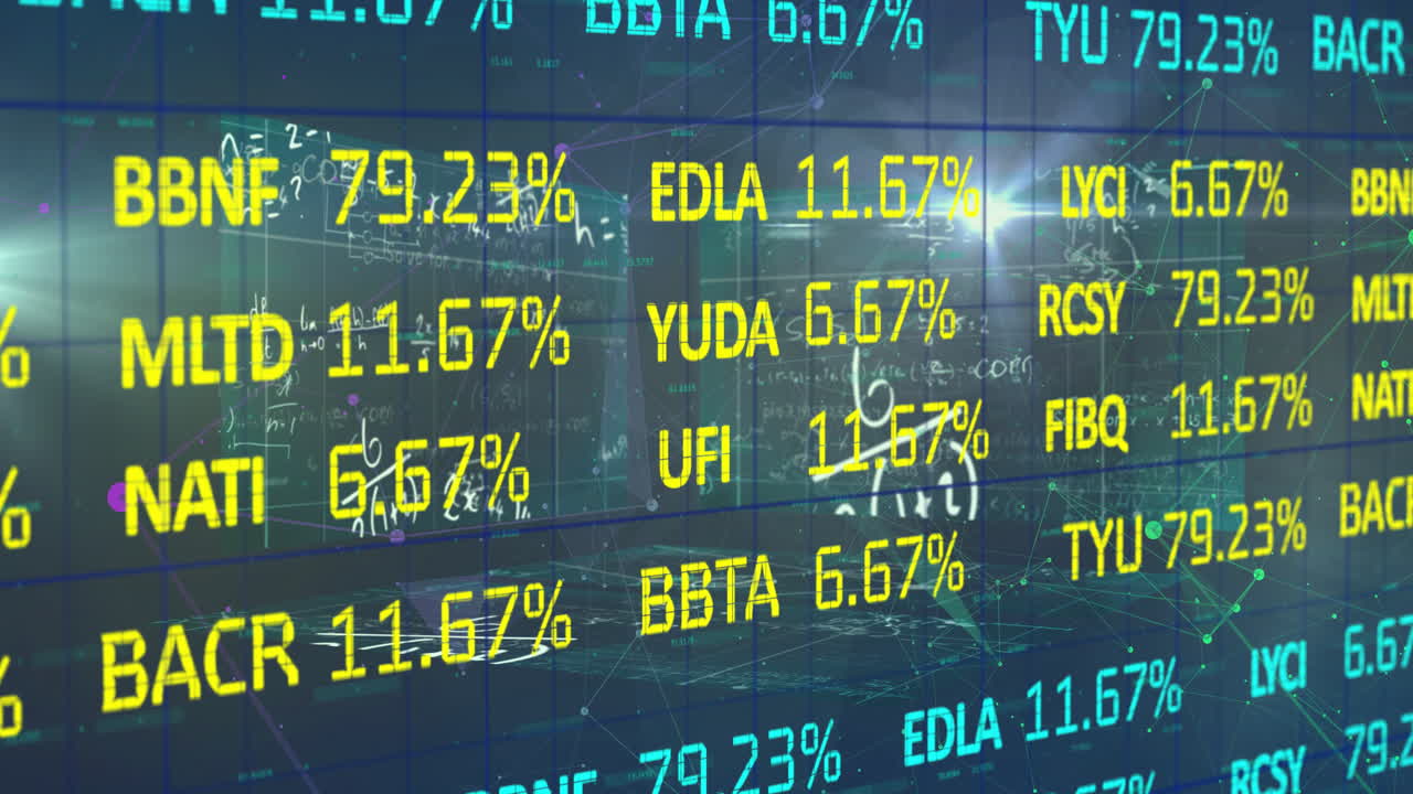 Displaying stock market data with percentages, digital financial animation on screen