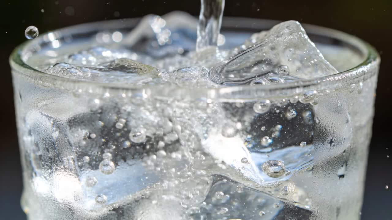マーケティング用途で、氷が入ったグラスに上から液体が注がれ、水しぶき、泡、結露が生じている。