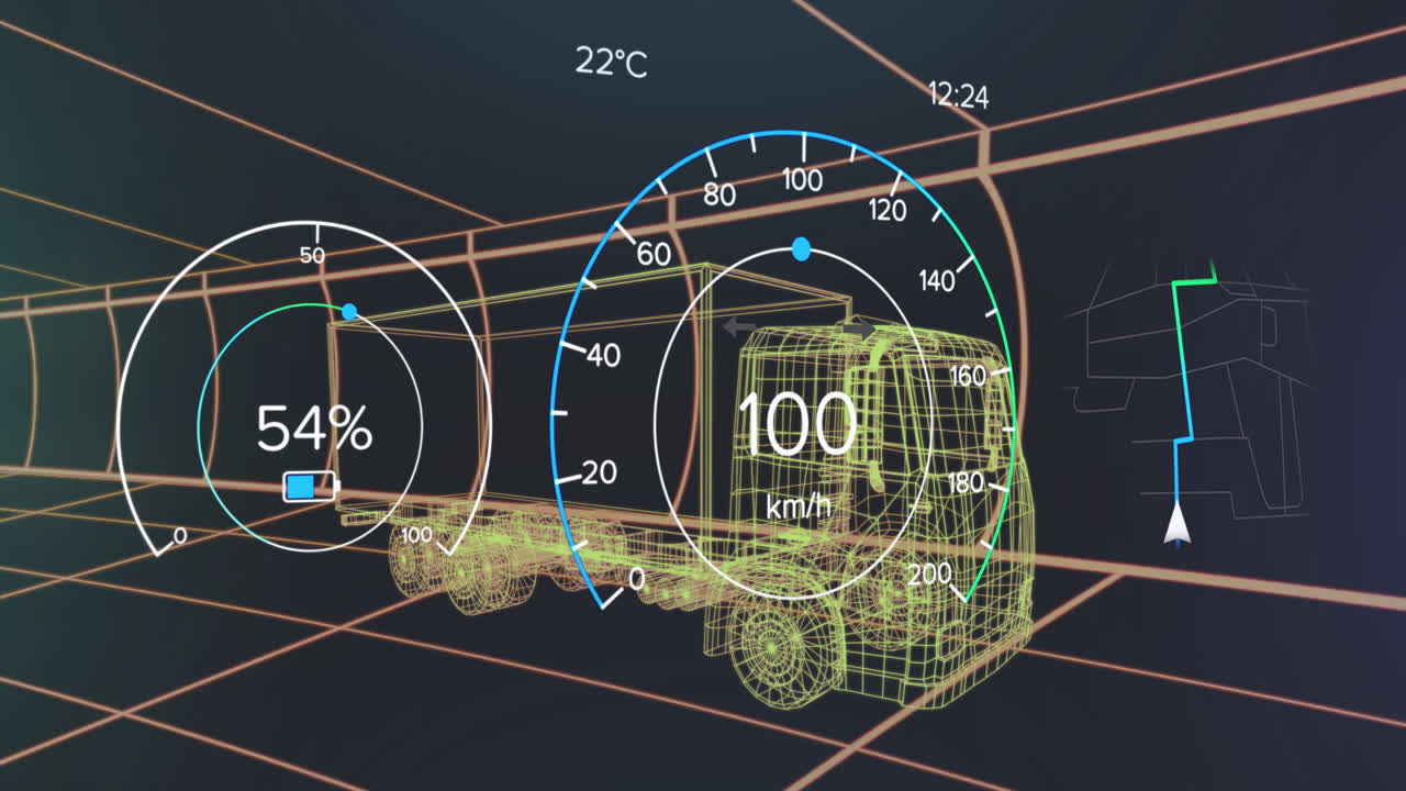 Digital dashboard animation showing truck speed, battery level, and temperature data