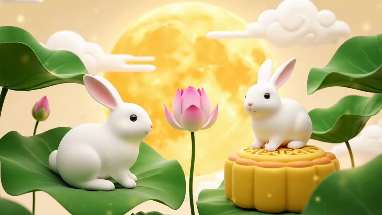 Cute Rabbits on Lotus Leaves with a Mooncake for Mid-Autumn Festival