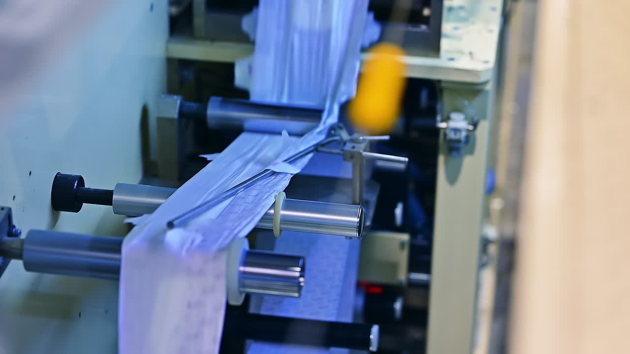 A large roll of cellulose producing diapers. Factory industrial making pampers.