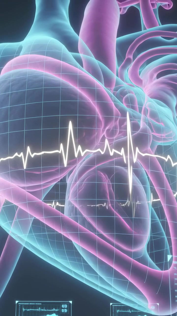 Video verticale: Un modello di cuore traslucido che pulsa si espande con picchi ECG per il monitoraggio su un HUD scuro.