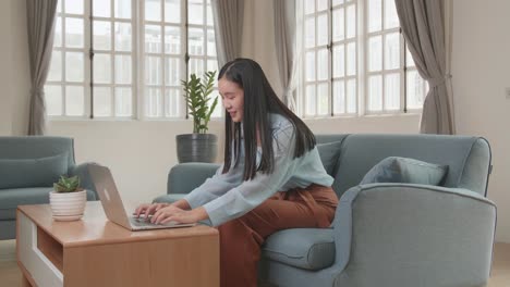 female using laptop in living room, video in 4k