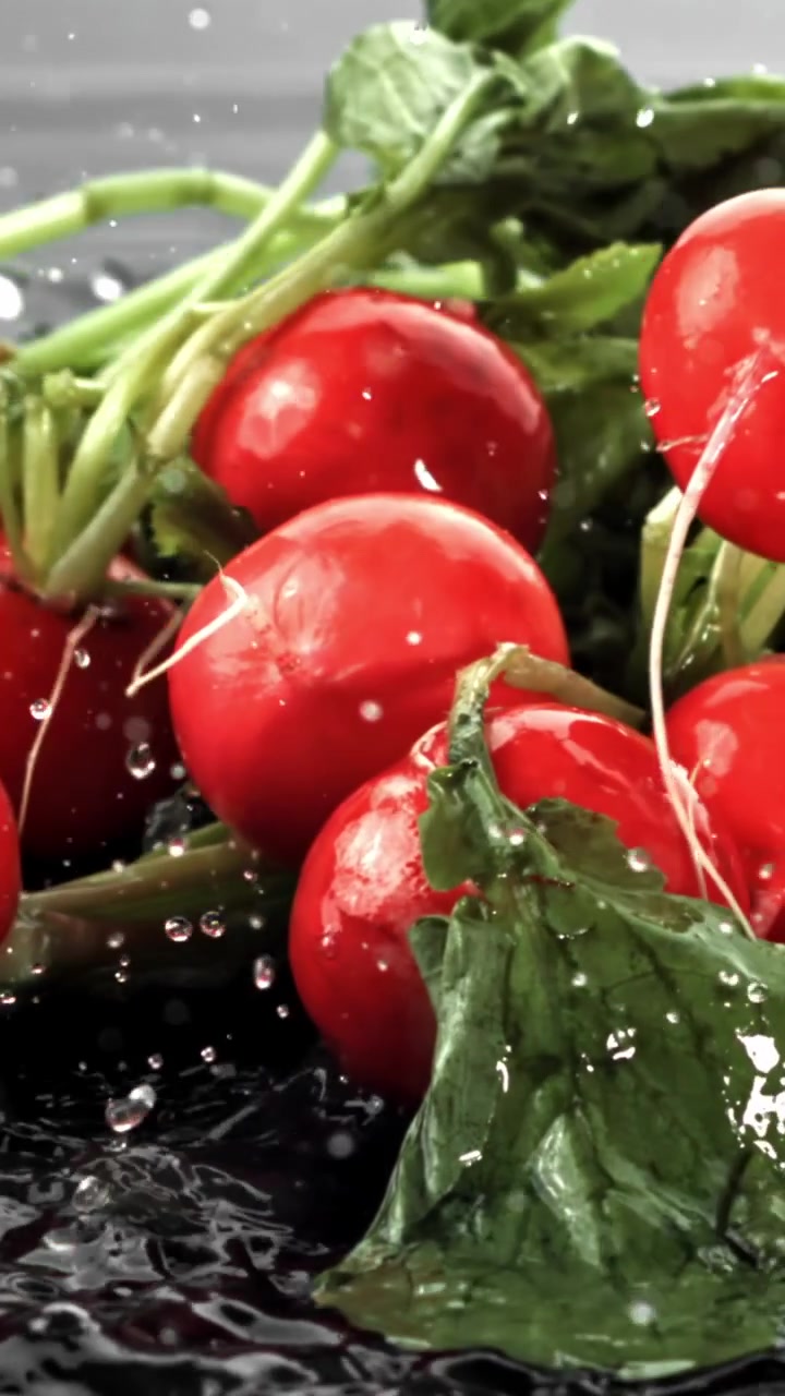 Vibrant Red Radishes and Green Leaves Splashing in Water