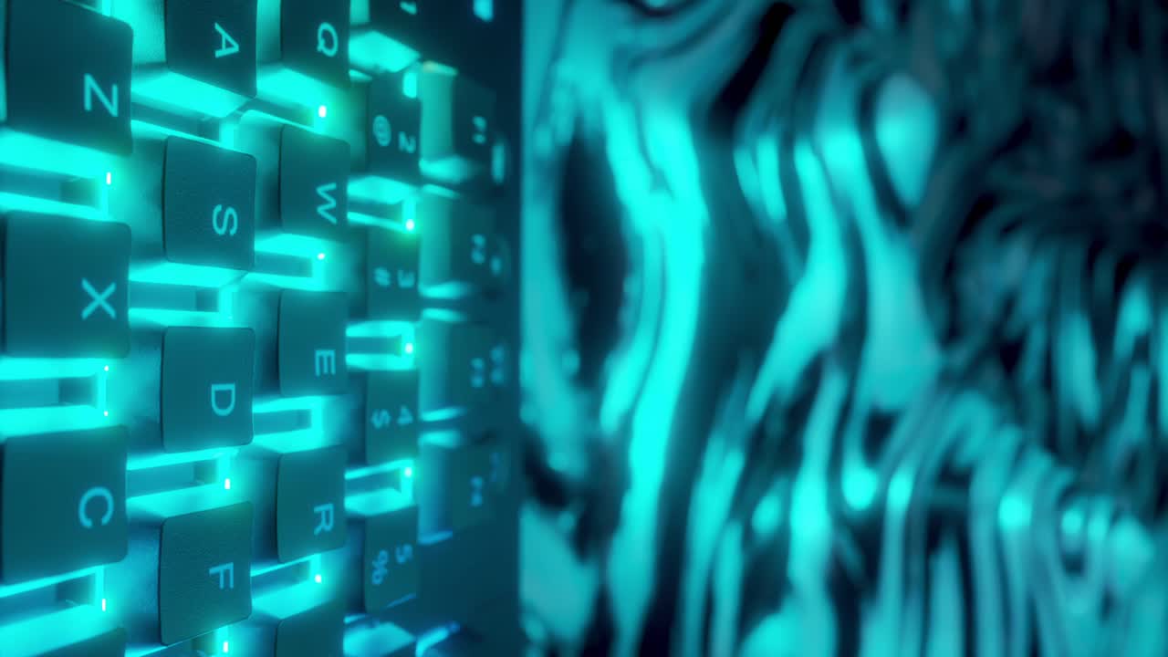pan cercano a lo largo del teclado de la computadora, coloridos gráficos de movimiento vertical