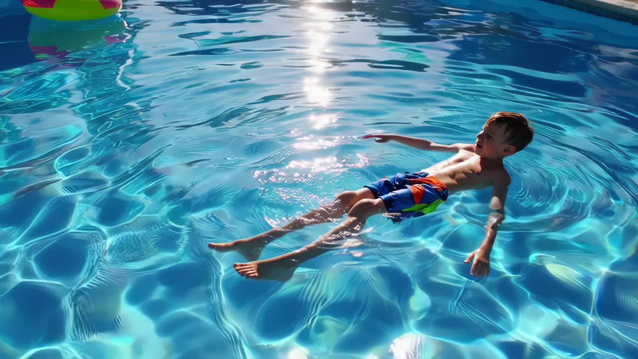 Boy Floating in a Sunny Swimming Pool