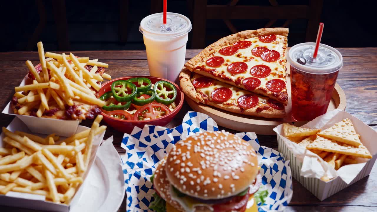 Top-down video shot of a fast-food feast featuring pizza, burgers, fries, and drinks on a wooden