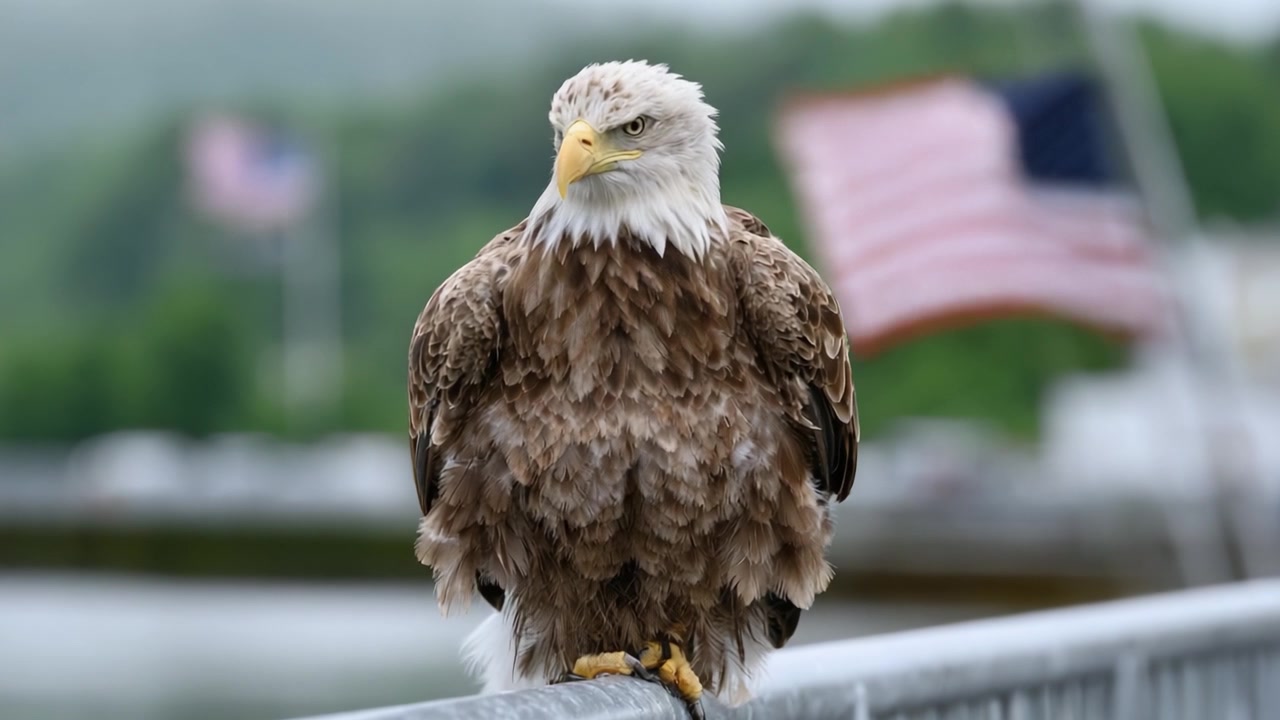 Una maestosa aquila calva appollaiata con grazia su una ringhiera, che mostra le sue caratteristiche prominenti su uno sfondo di bandiere americane sventolanti e vegetazione lussureggiante