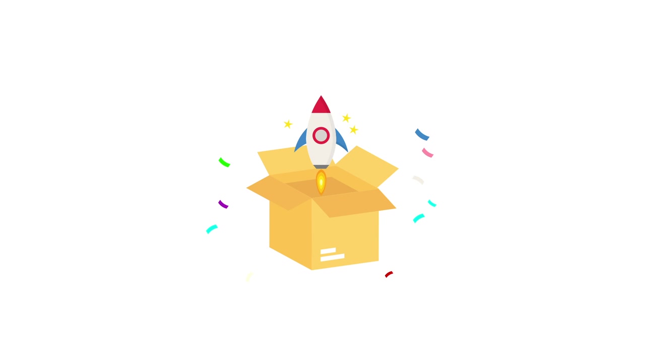 Rocket Launching from an Open Box with Confetti and Stars