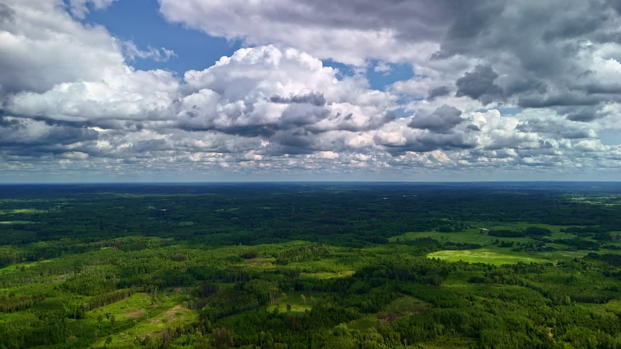 Wide aerial view of vast green landscape with scattered forests and clouds above