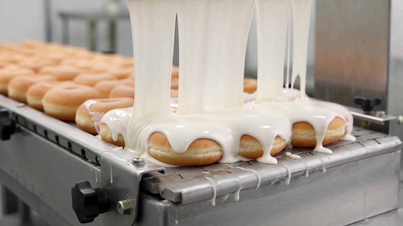 Donuts Being Glazed on a Conveyor Belt in a Factory