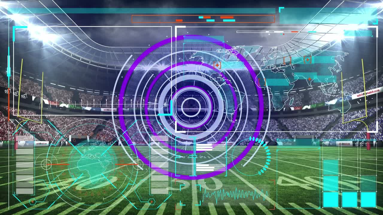 Animação de scanner redondo e interface com processamento de dados com o fundo de um estádio esportivo.