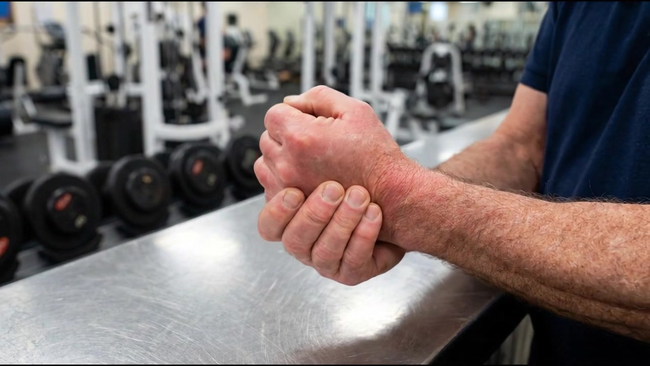 Close view of adult supporting sore wrist near outdoor cafe table in everyday health concept